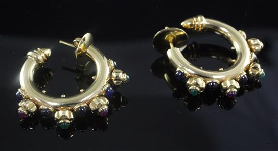 A pair of modern 18ct gold and multi cabochon gem set half hoop earrings, 31mm.